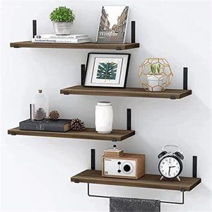 Floating Shelves, Wood Wall Mounted with Towel Rack and 2 Hooks Set of 4